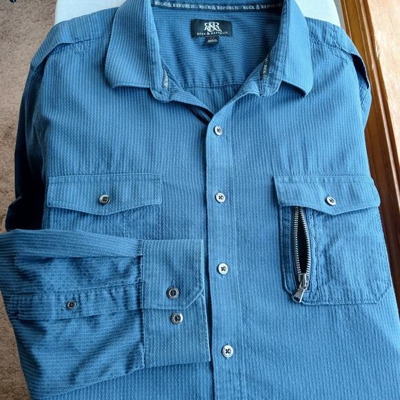 R&R Blue Cotton Button Up Shirt Mens XL long roll tab sleeves jacquard stripes - Picture 15 of 15